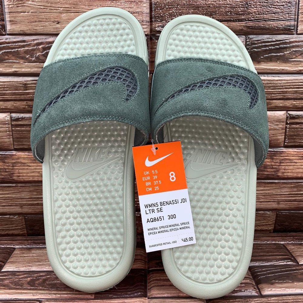 New Nike Benassi JDI Leather SE Mineral Spruce